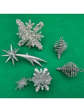 Glittery Silver Christmas Ornaments Snowflakes Starburst And Trees